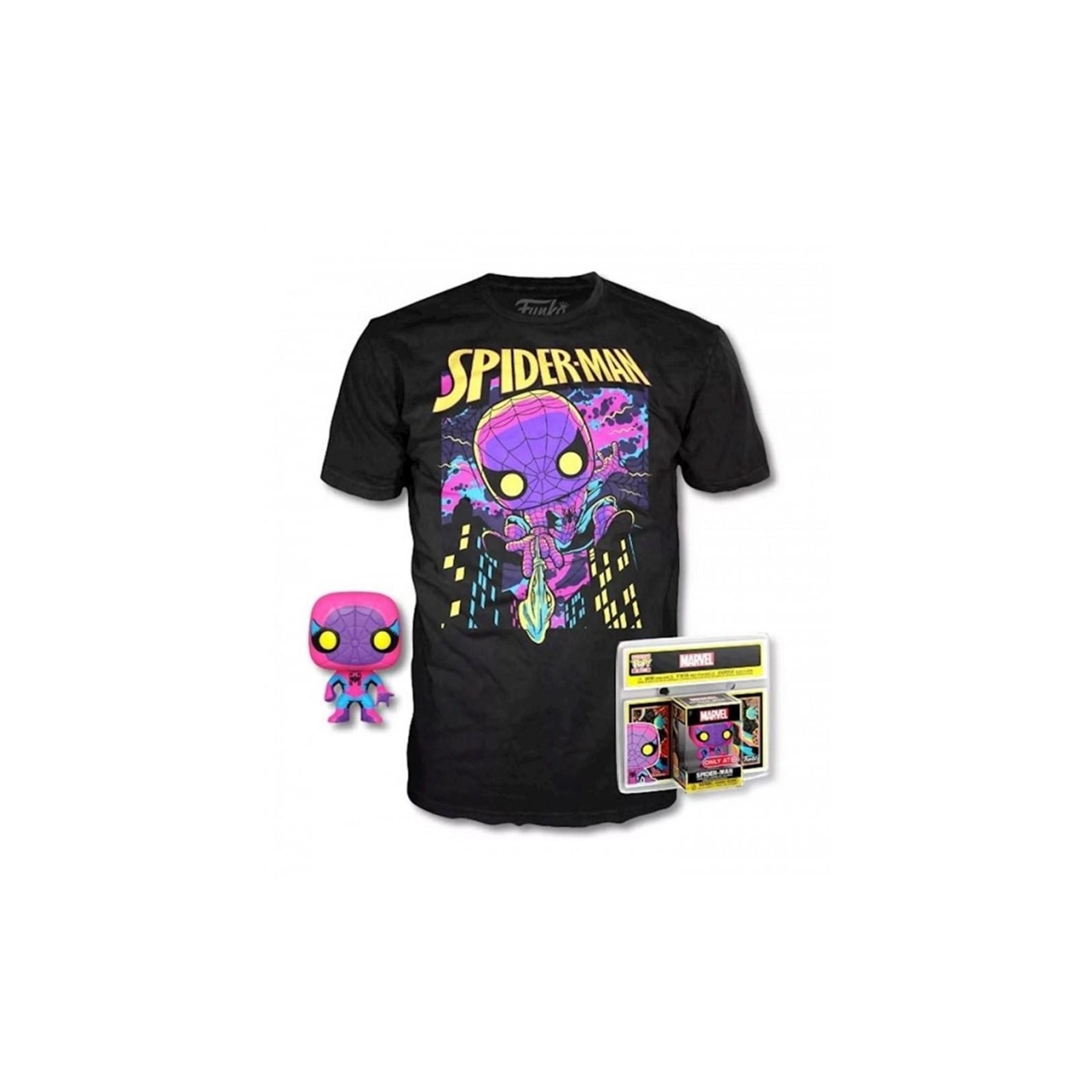 Pop & Tee Marvel Spiderman Black Light Funko + Camiseta Tall