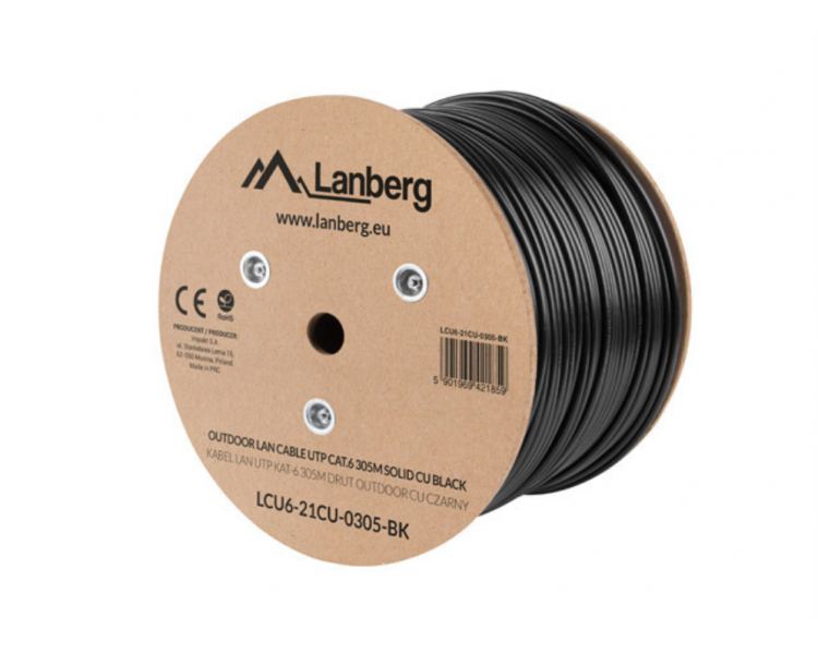 BOBINA CABLE RED LANBERG EXTERIOR UTP RJ45 CAT6 SOLIDO CU AWG24 305M NEGRO FLU