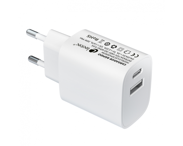 LEOTEC CARGADOR 20W CARGA RAPIDA 1 USB TIPO C PD 1 USB A BLANCO