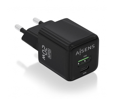 CARGADOR AISENS GAN 20W 1XUSB C PD30 QC40 1XUSB A QC30 NEGRO