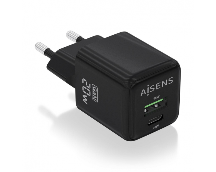 CARGADOR AISENS GAN 20W 1XUSB C PD30 QC40 1XUSB A QC30 NEGRO