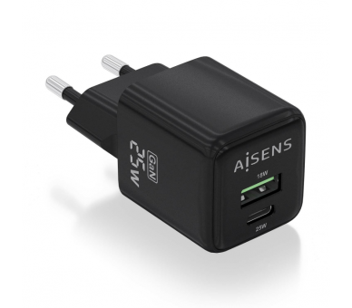 CARGADOR AISENS GAN 25W 1XUSB C PD30 QC40 1XUSB A QC30 NEGRO