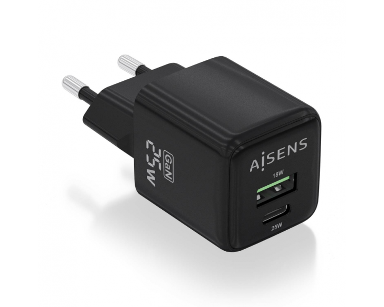 CARGADOR AISENS GAN 25W 1XUSB C PD30 QC40 1XUSB A QC30 NEGRO