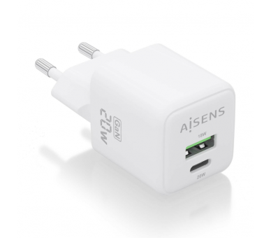 CARGADOR AISENS GAN 20W 1XUSB C PD30 QC40 1XUSB A QC30 BLANCO