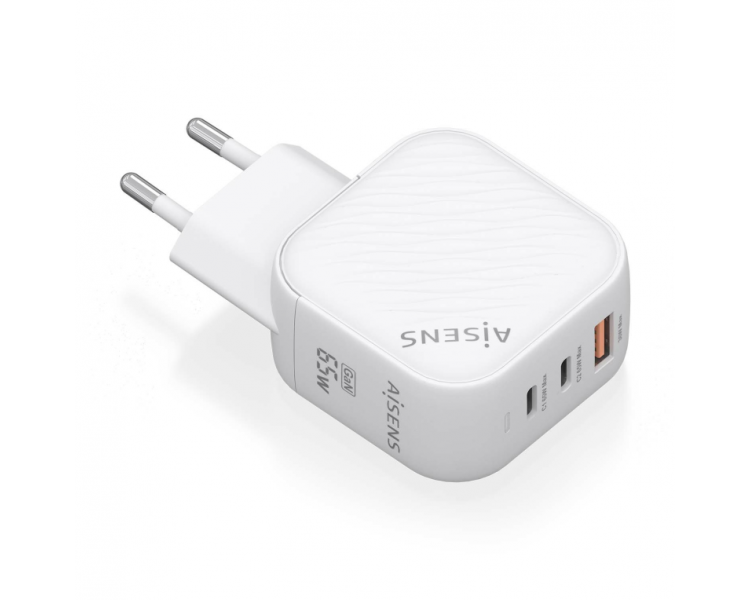 CARGADOR AISENS GAN 65W 2XUSB C PD30 QC40 1XUSB A QC30 BLANCO