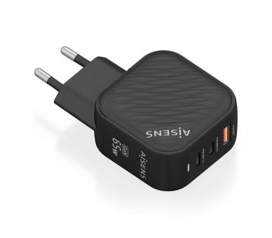 CARGADOR AISENS GAN 65W 2XUSB C PD30 QC40 1XUSB A QC30 NEGRO