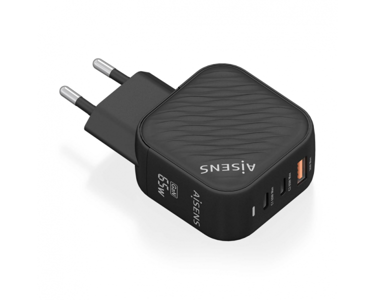 CARGADOR AISENS GAN 65W 2XUSB C PD30 QC40 1XUSB A QC30 NEGRO