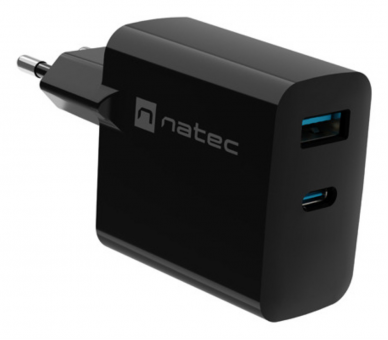 CARGADOR NATEC RIBERA GAN 45W PD30 QC30 1XUSB A 1XUSB C NEGRO