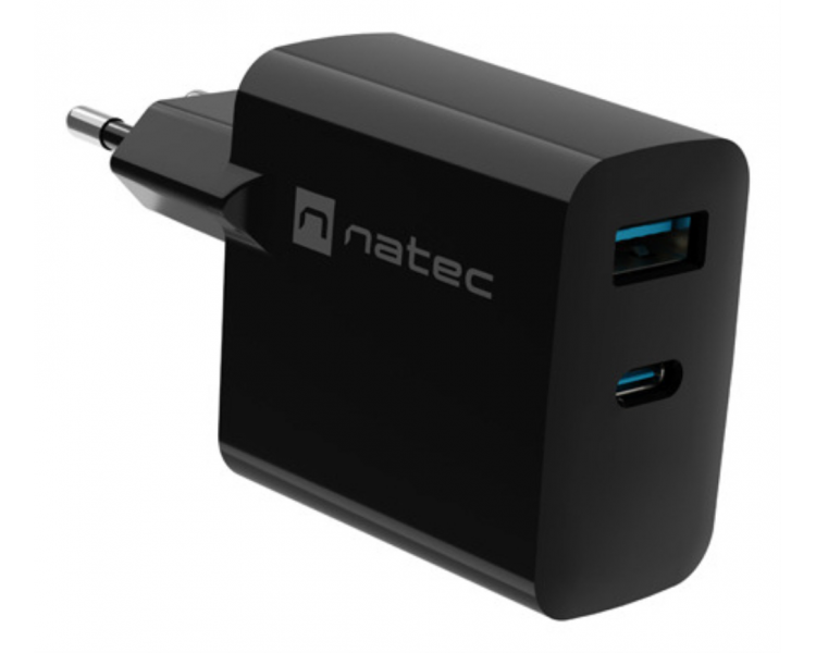 CARGADOR NATEC RIBERA GAN 45W PD30 QC30 1XUSB A 1XUSB C NEGRO