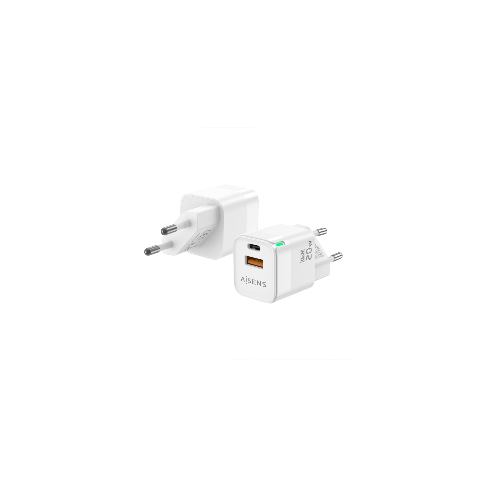 CARGADOR GAN AISENS 20W 1XUSB C PD30 QC40 1XUSB A QC30 BLANCO