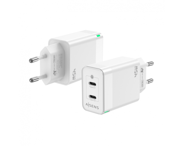 CARGADOR GAN AISENS 45W 2XUSB C PD30 QC40 BLANCO