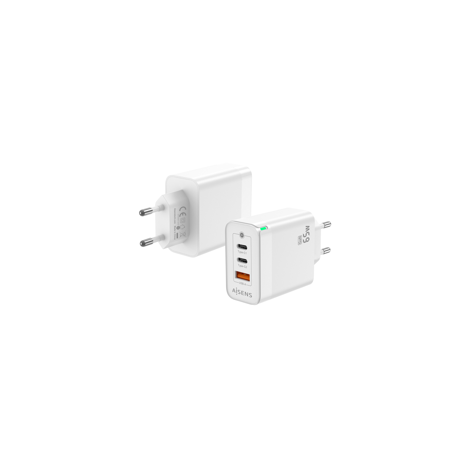 CARGADOR GAN AISENS 65W 2XUSB C PD30 QC40 1XUSB A QC30 BLANCO