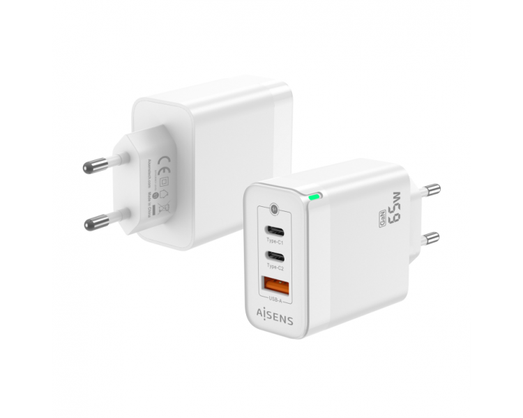 CARGADOR GAN AISENS 65W 2XUSB C PD30 QC40 1XUSB A QC30 BLANCO