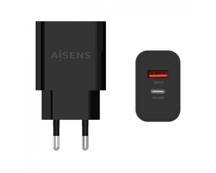 CARGADOR AISENS 20W 1xUSB C PD30 1xUSB A QC30 NEGRO