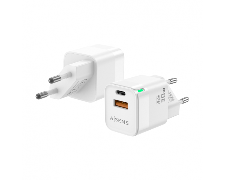 CARGADOR GAN AISENS 30W 1XUSB C PD30 QC40 1XUSB A QC30 BLANCO