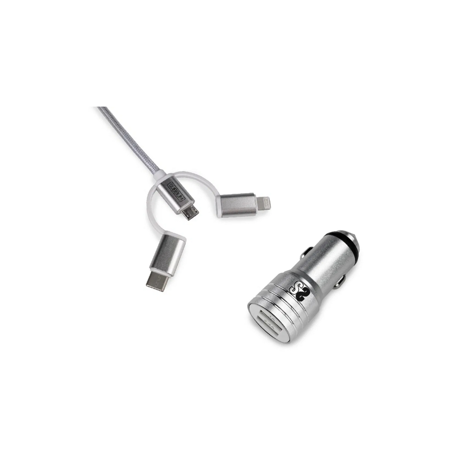 CARGADOR COCHE SUBBLIM ALUM 24A CABLE 3 IN1 SILVER