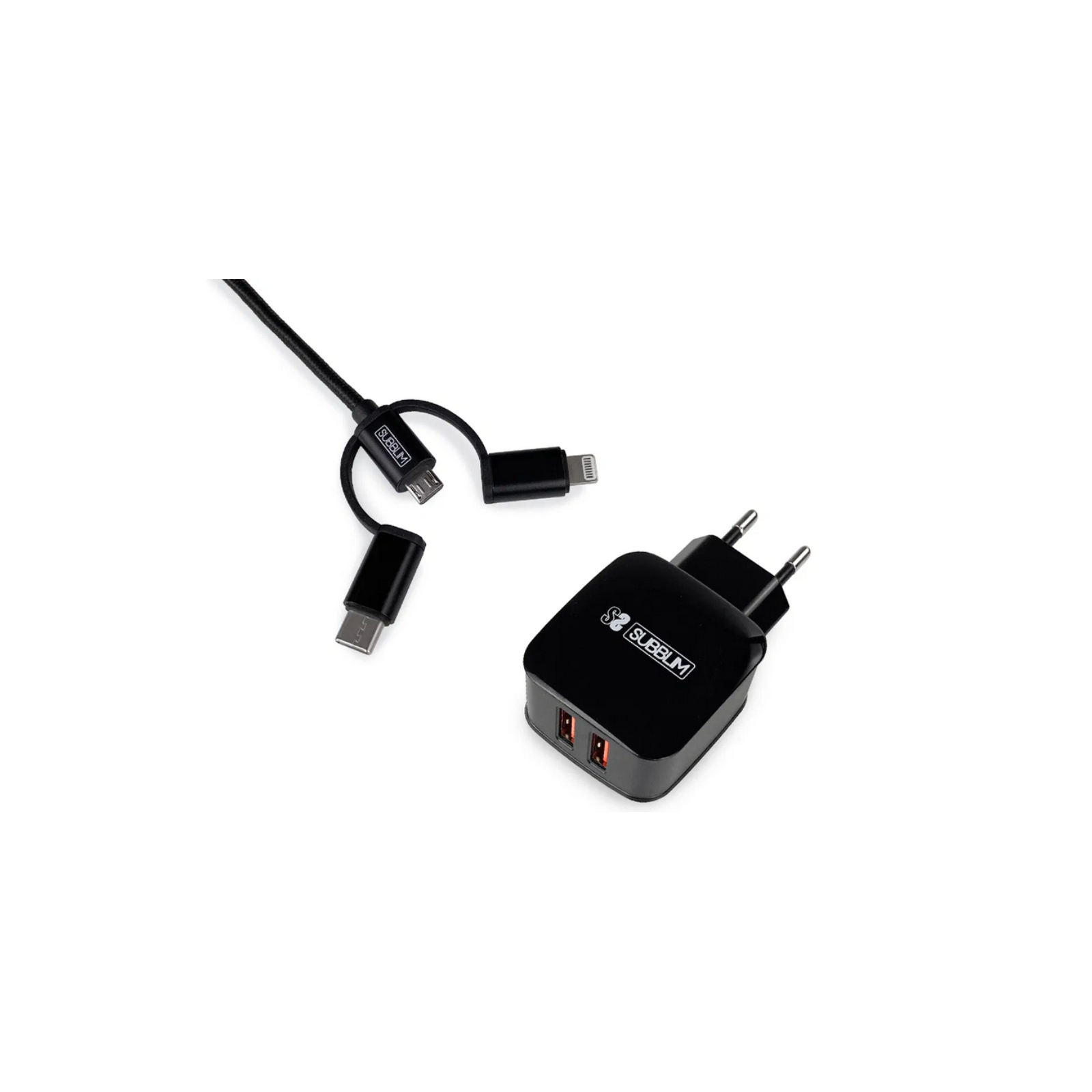 CARGADOR PARED SUBBLIM ABS 24A CON CABLE 3IN1 BLACK