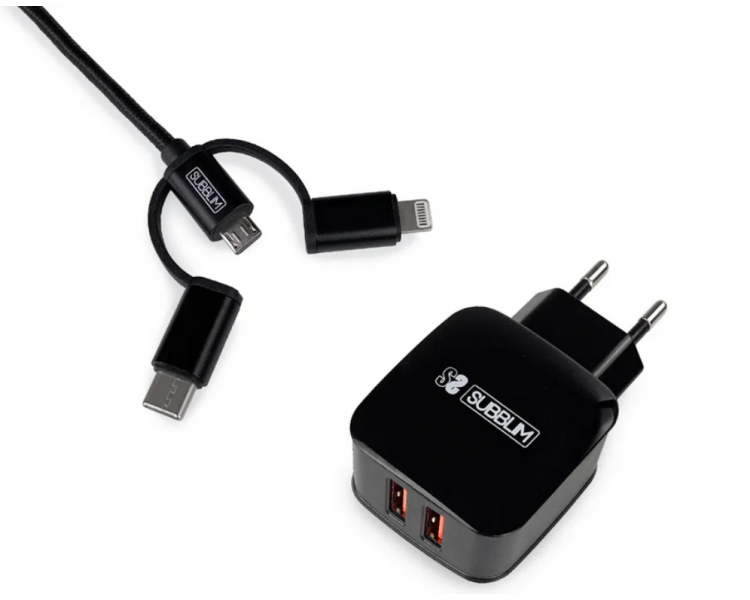 CARGADOR PARED SUBBLIM ABS 24A CON CABLE 3IN1 BLACK