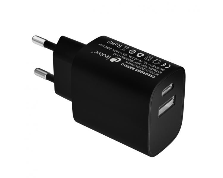 LEOTEC CARGADOR 20W CARGA RAPIDA 1 USB TIPO C PD 1 USB A NEGRO