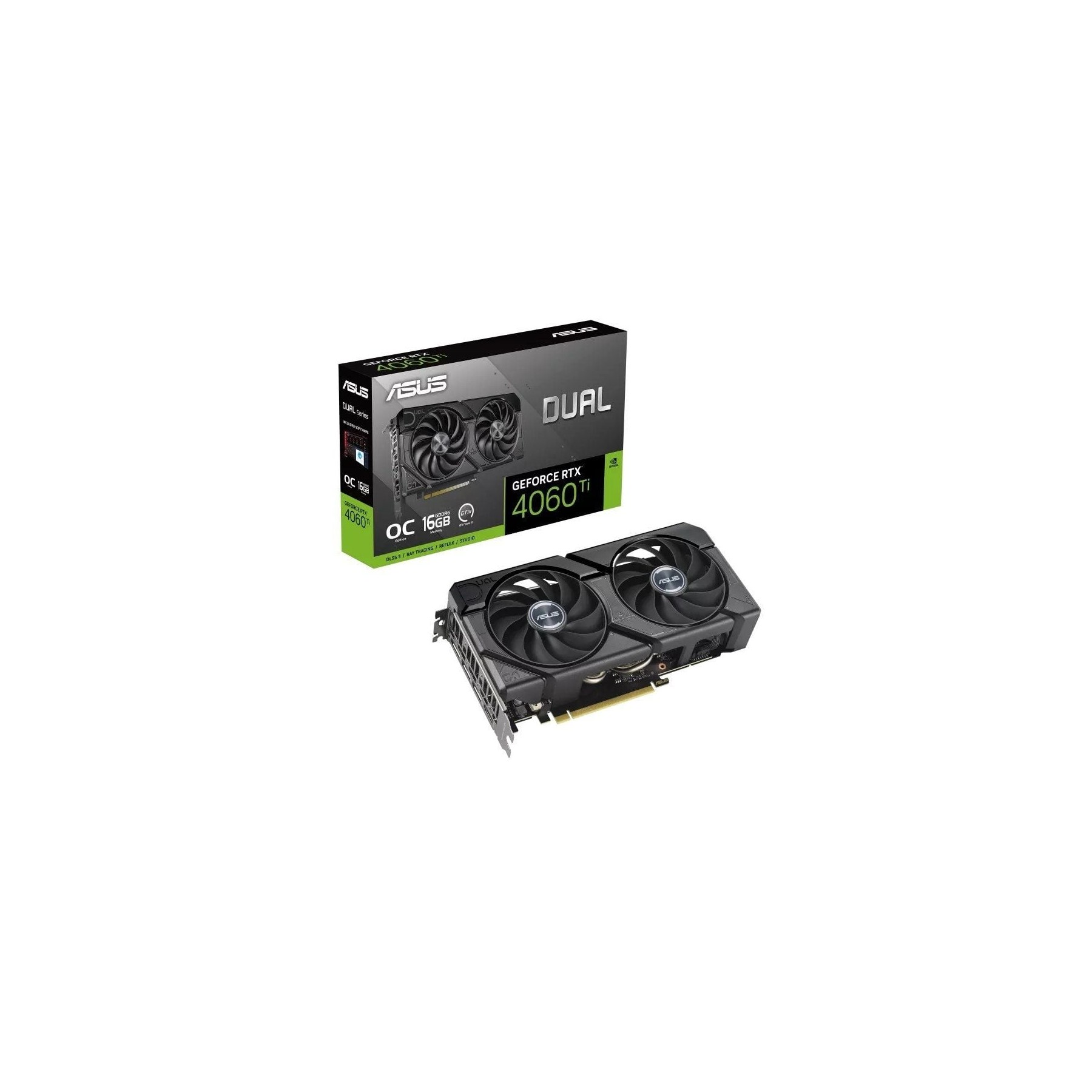 ph2ASUS Dual GeForce RTX8482 4060 Ti EVO OC Edition 16GB GDDR6 con dos potentes ventiladores de tecnologia Axial y un diseno de