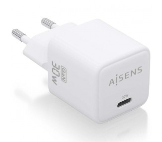 h2AISENS CARGADOR GaN 30W 1xUSB C PD30 QC40 BLANCO h2pCargador GaN USB C 30W para cargar portatiles moviles camaras y tablets e