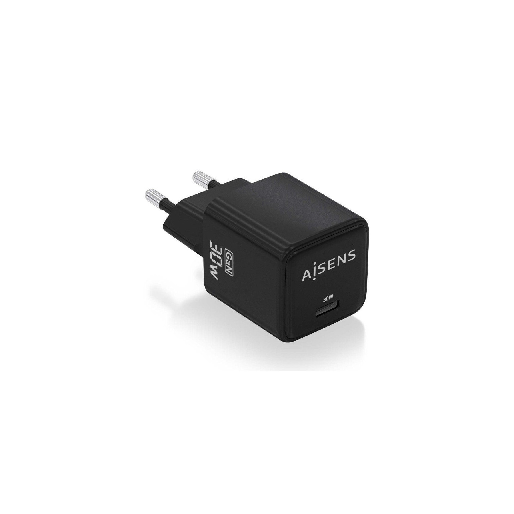 ph2AISENS CARGADOR GaN 30W 1xUSB C PD30 QC40 NEGRO h2pCargador GaN USB C 30W para cargar portatiles moviles camaras y tablets e