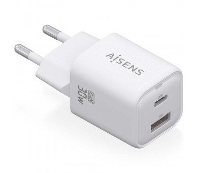 h2AISENS CARGADOR GaN 30W 1xUSB C PD30 QC40 1xUSB A QC30 BLANCO h2pCargador GaN USB C 30W para cargar portatiles moviles camara