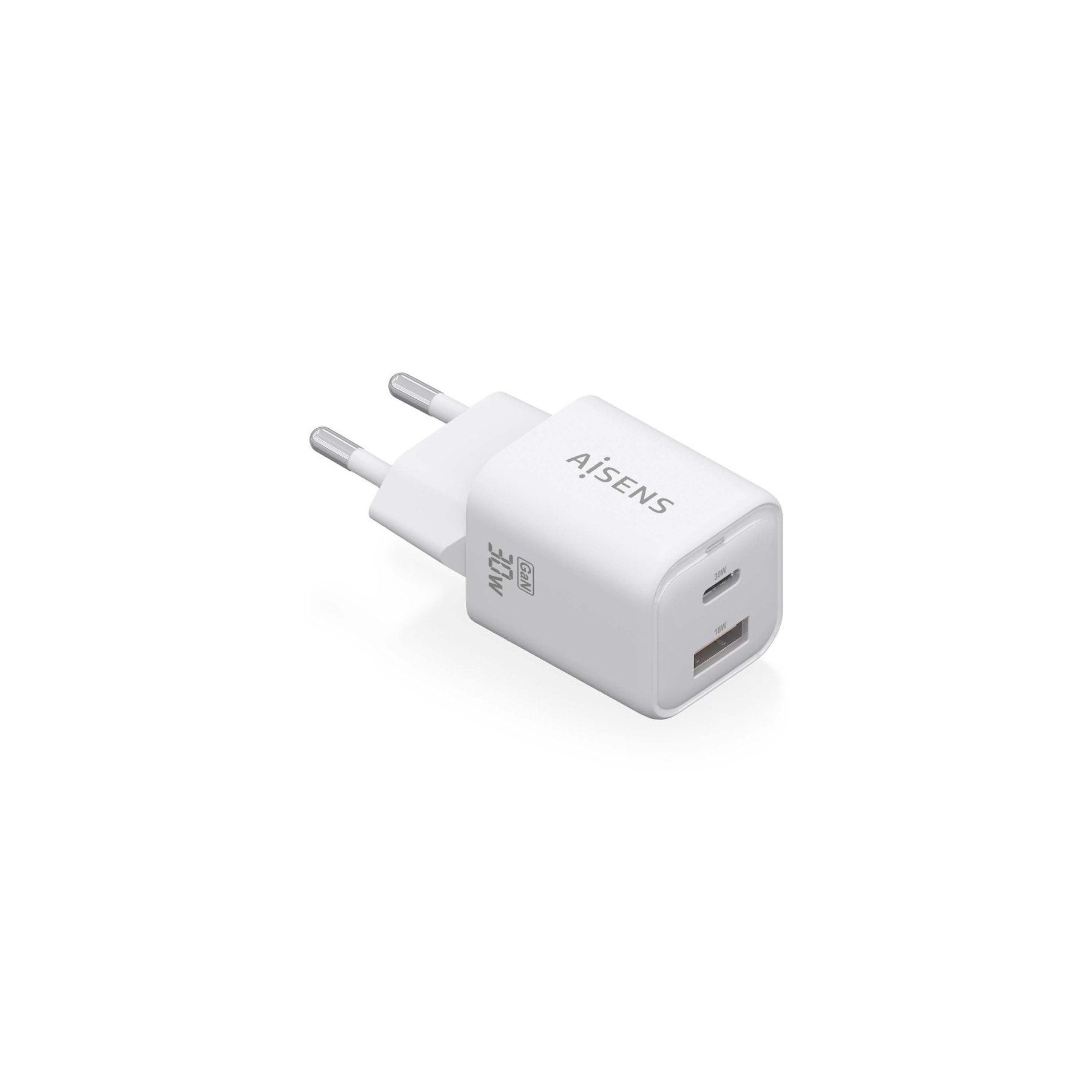 h2AISENS CARGADOR GaN 30W 1xUSB C PD30 QC40 1xUSB A QC30 BLANCO h2pCargador GaN USB C 30W para cargar portatiles moviles camara