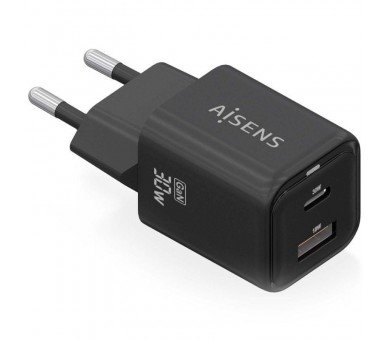 ph2AISENS CARGADOR GaN 30W 1xUSB C PD30 QC40 1xUSB A QC30 NEGRO h2pCargador GaN USB C 30W para cargar portatiles moviles camara