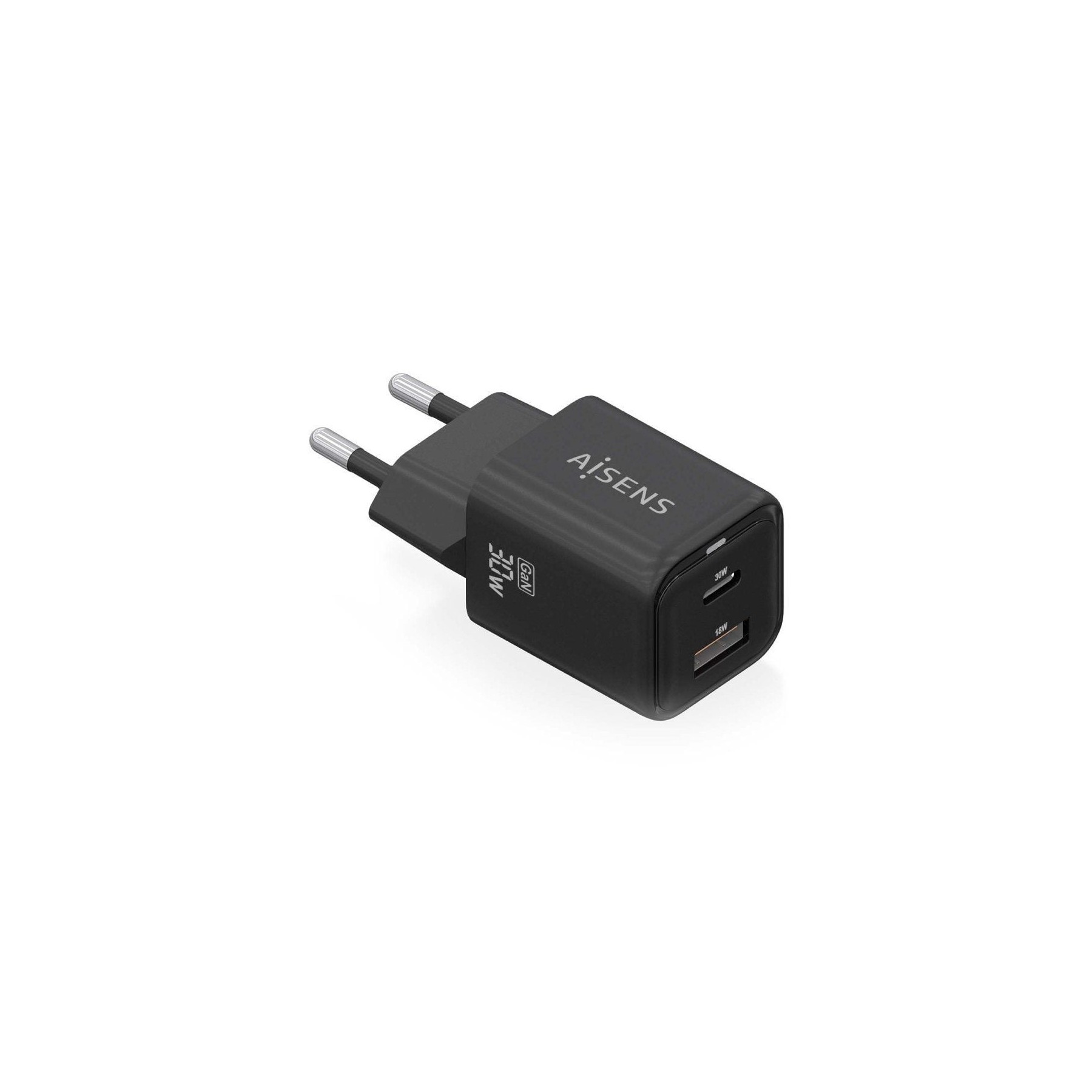 ph2AISENS CARGADOR GaN 30W 1xUSB C PD30 QC40 1xUSB A QC30 NEGRO h2pCargador GaN USB C 30W para cargar portatiles moviles camara