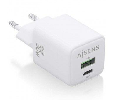 h2AISENS CARGADOR GaN 30W 1xUSB C PD30 QC40 1xUSB A QC30 BLANCO h2pCargador GaN USB C 30W para cargar portatiles moviles camara