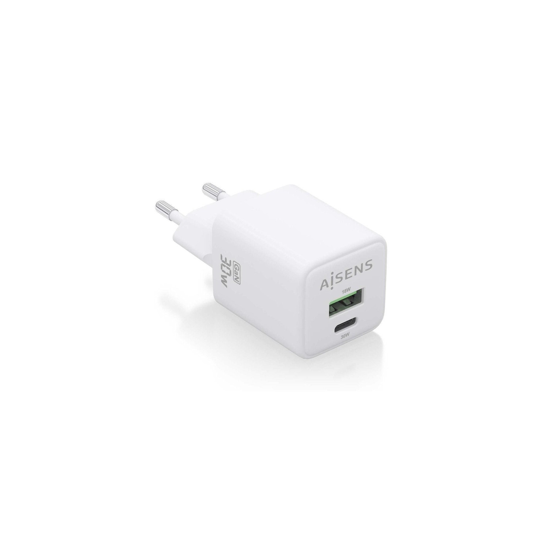 h2AISENS CARGADOR GaN 30W 1xUSB C PD30 QC40 1xUSB A QC30 BLANCO h2pCargador GaN USB C 30W para cargar portatiles moviles camara