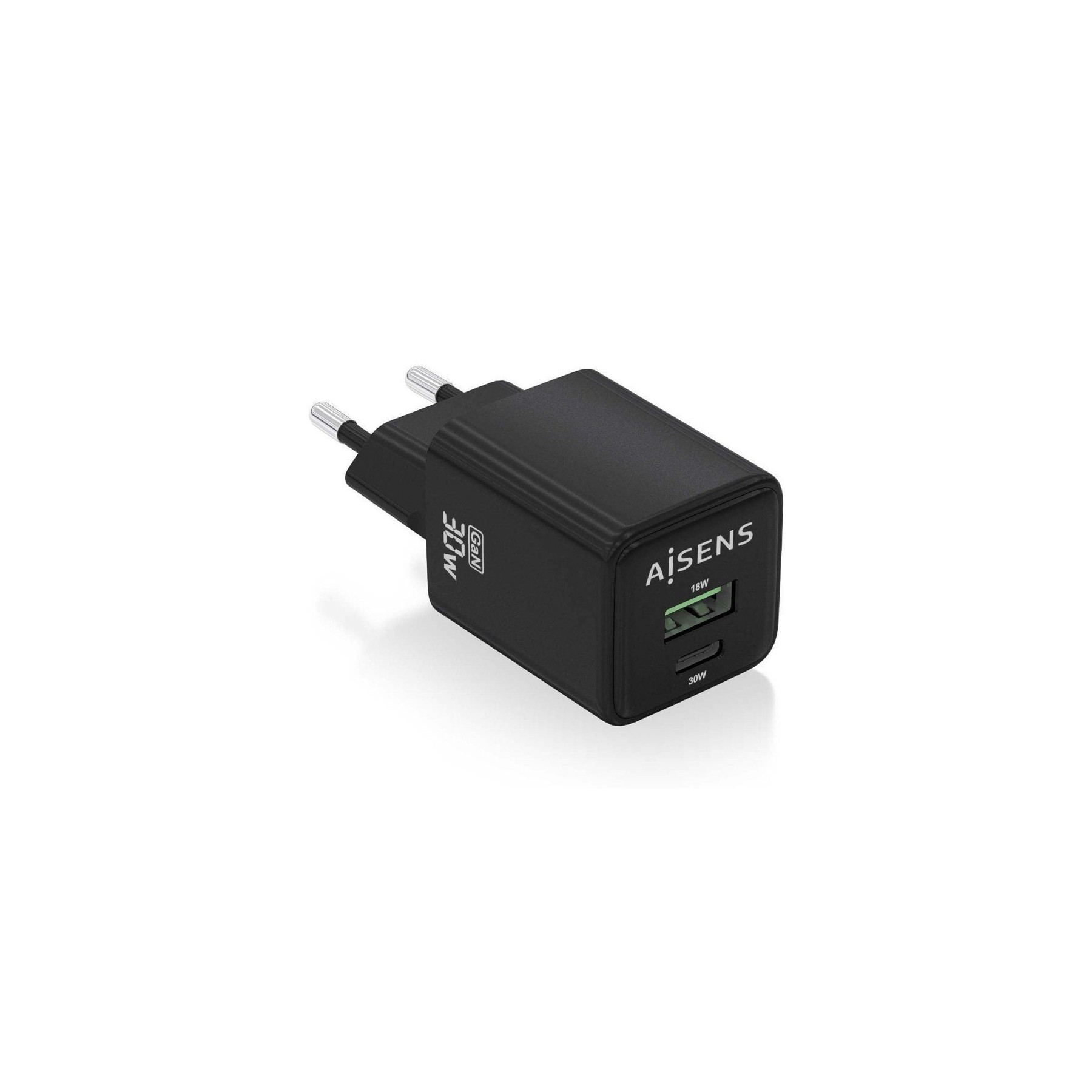 ph2AISENS CARGADOR GaN 30W 1xUSB C PD30 QC40 1xUSB A QC30 NEGRO h2pCargador GaN USB C 30W para cargar portatiles moviles camara