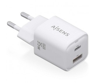 h2AISENS CARGADOR GaN 35W 1xUSB C PD30 QC40 1xUSB A QC30 BLANCO h2pCargador GaN USB C 35W para cargar portatiles moviles camara