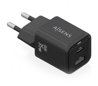 ph2AISENS CARGADOR GaN 35W 1xUSB C PD30 QC40 1xUSB A QC30 NEGRO h2pCargador GaN USB C 35W para cargar portatiles moviles camara