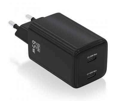 ph2AISENS CARGADOR GaN 65W 2xUSB C PD30 QC40 NEGRO h2pCargador GaN USB C 65W para cargar portatiles moviles camaras y tablets e