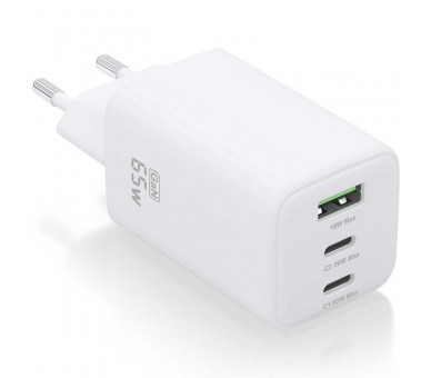 h2AISENS CARGADOR GaN 65W 2xUSB C PD30 QC40 1xUSB A QC30 BLANCO h2divCargador GaN USB C 65W para cargar portatiles moviles cama