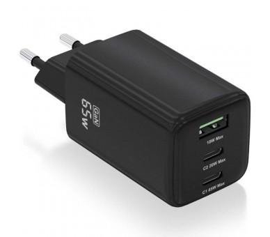 ph2AISENS CARGADOR GaN 65W 2xUSB C PD30 QC40 1xUSB A QC30 NEGRO h2pCargador GaN USB C 65W para cargar portatiles moviles camara