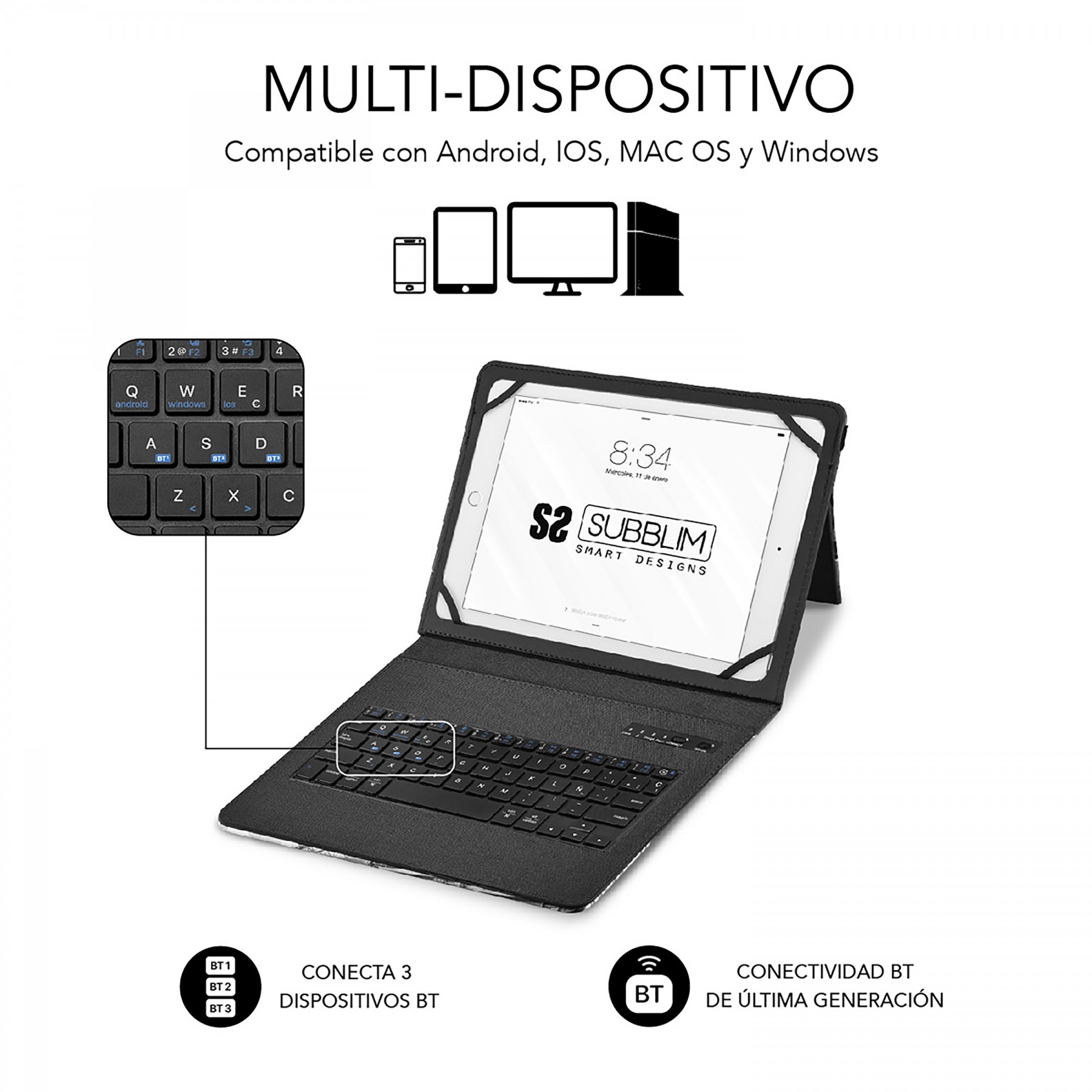 Funda Con Teclado Subblim Keytab Pro Bluetooth Para Tablets